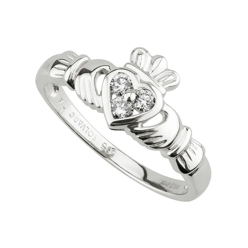14K White Gold Diamond Claddagh Heart Ring