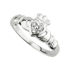 14K White Gold Diamond Claddagh Heart Ring