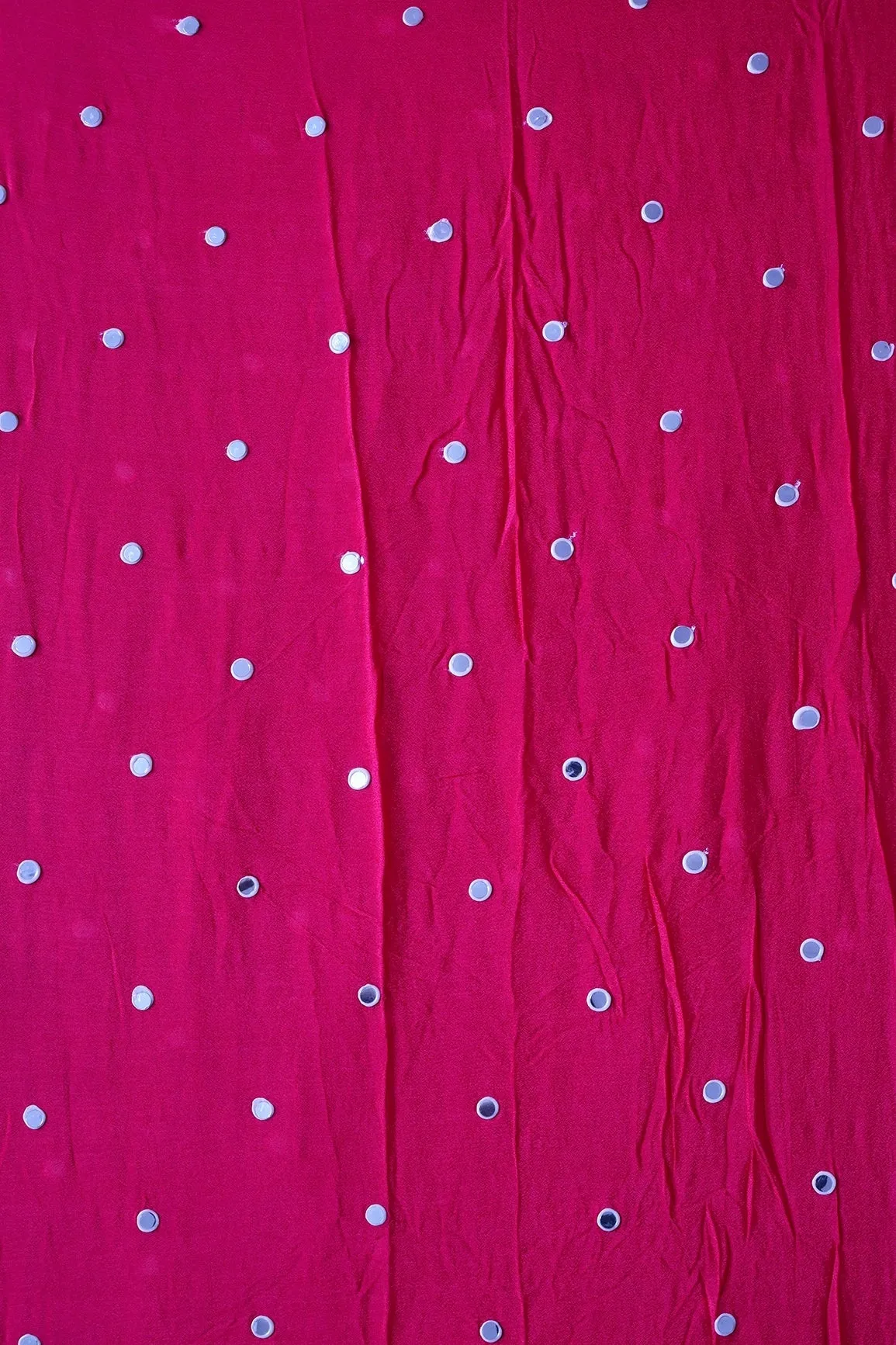 1.50 Meter Cut Piece Of Real Mirror Embroidery Work On Fuchsia Viscose Chinnon Chiffon Fabric