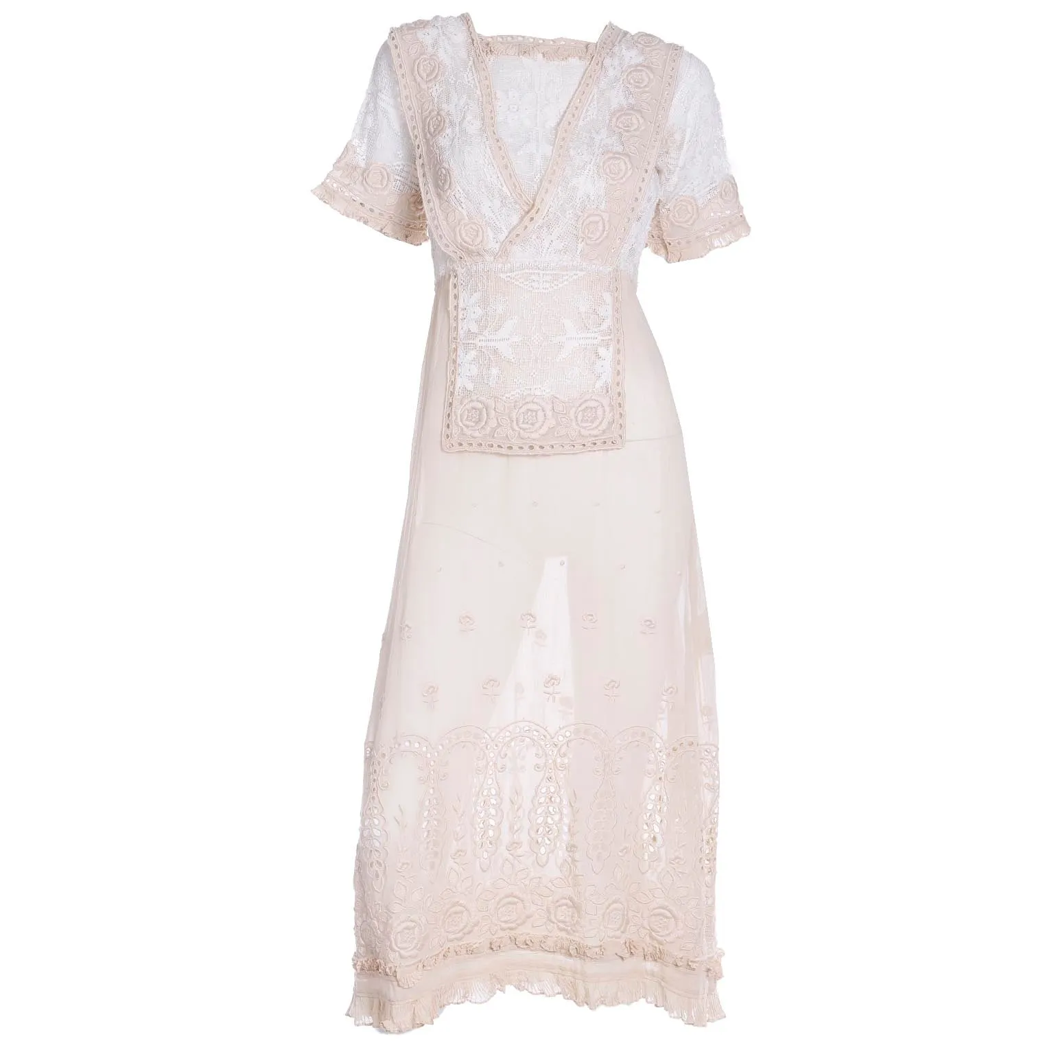 1910s Edwardian Vintage Lace Dress Fine Embroidery Roses
