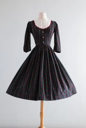 1950's Bavarian Cotton Holiday Dress By Miss Trude Jr. / Small