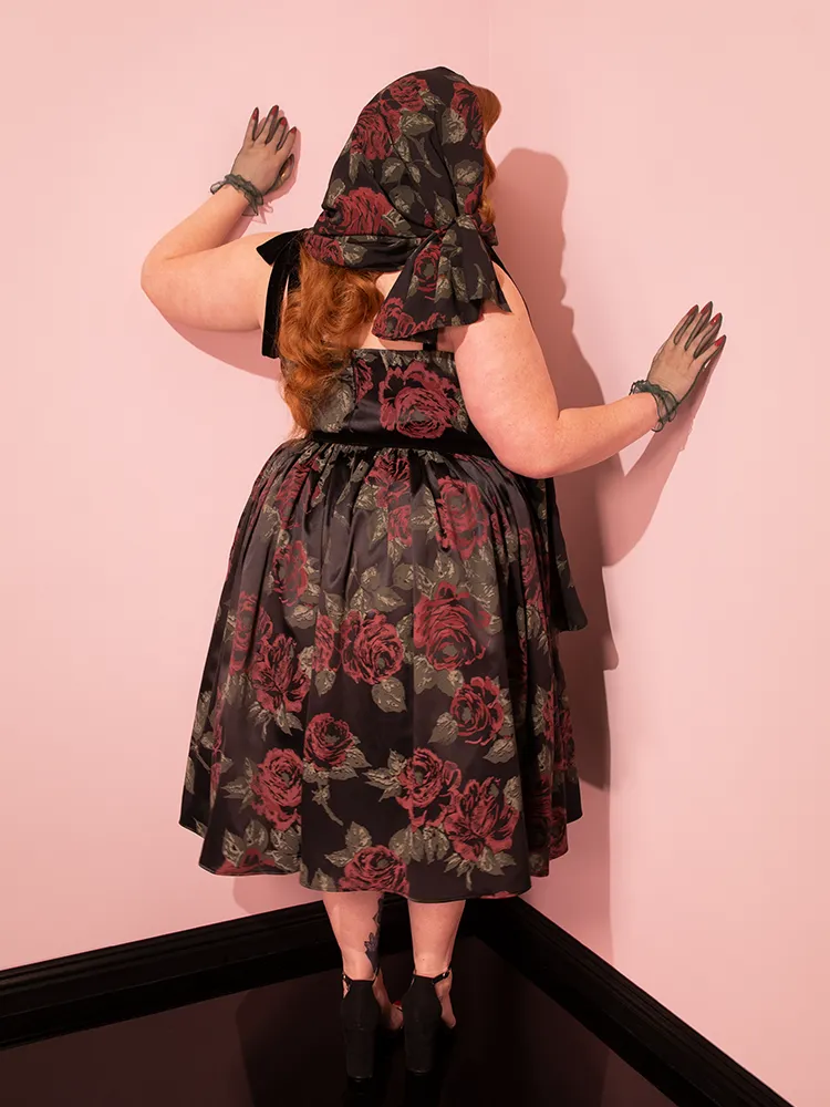 1950s Satin Swing Sundress and Scarf in Black Vintage Roses - Vixen by Micheline Pitt