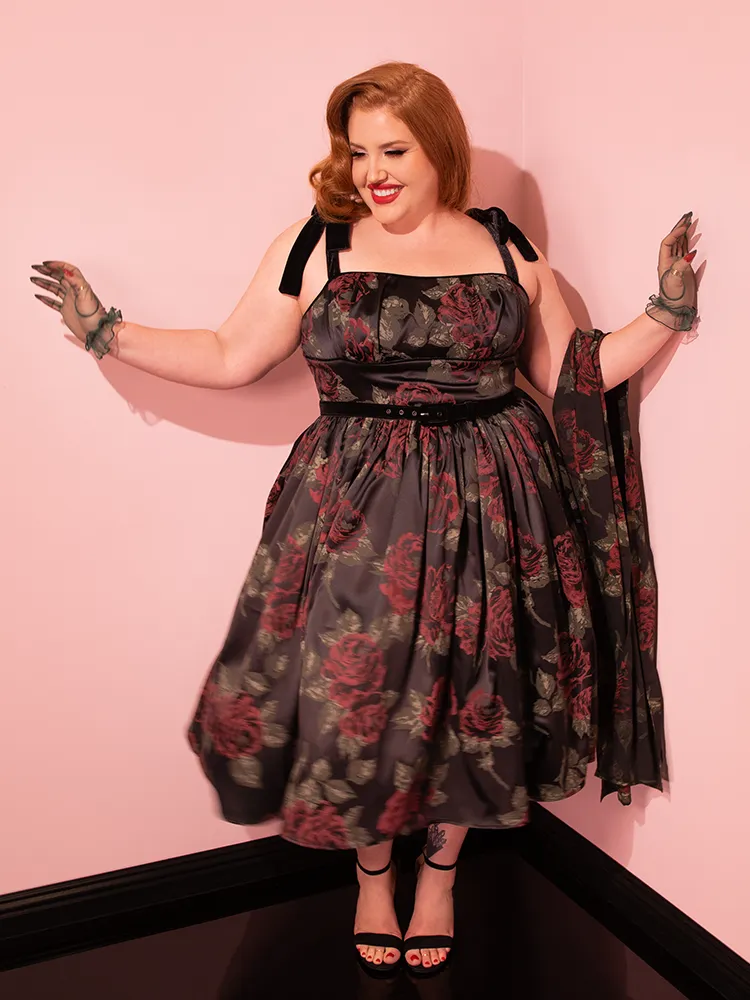 1950s Satin Swing Sundress and Scarf in Black Vintage Roses - Vixen by Micheline Pitt