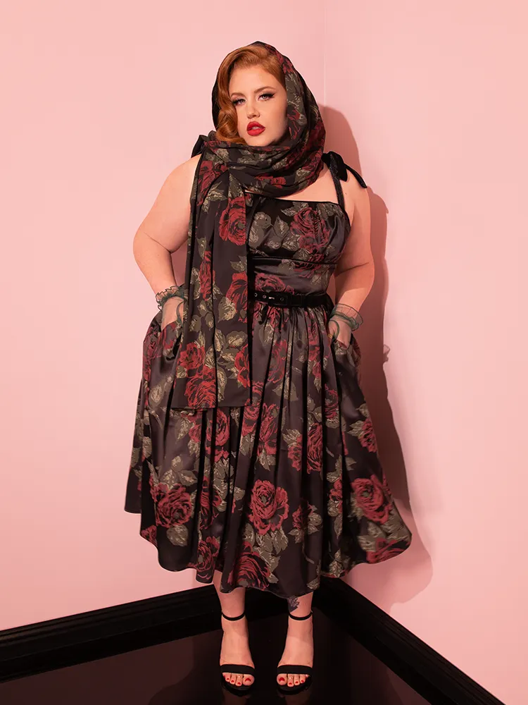 1950s Satin Swing Sundress and Scarf in Black Vintage Roses - Vixen by Micheline Pitt