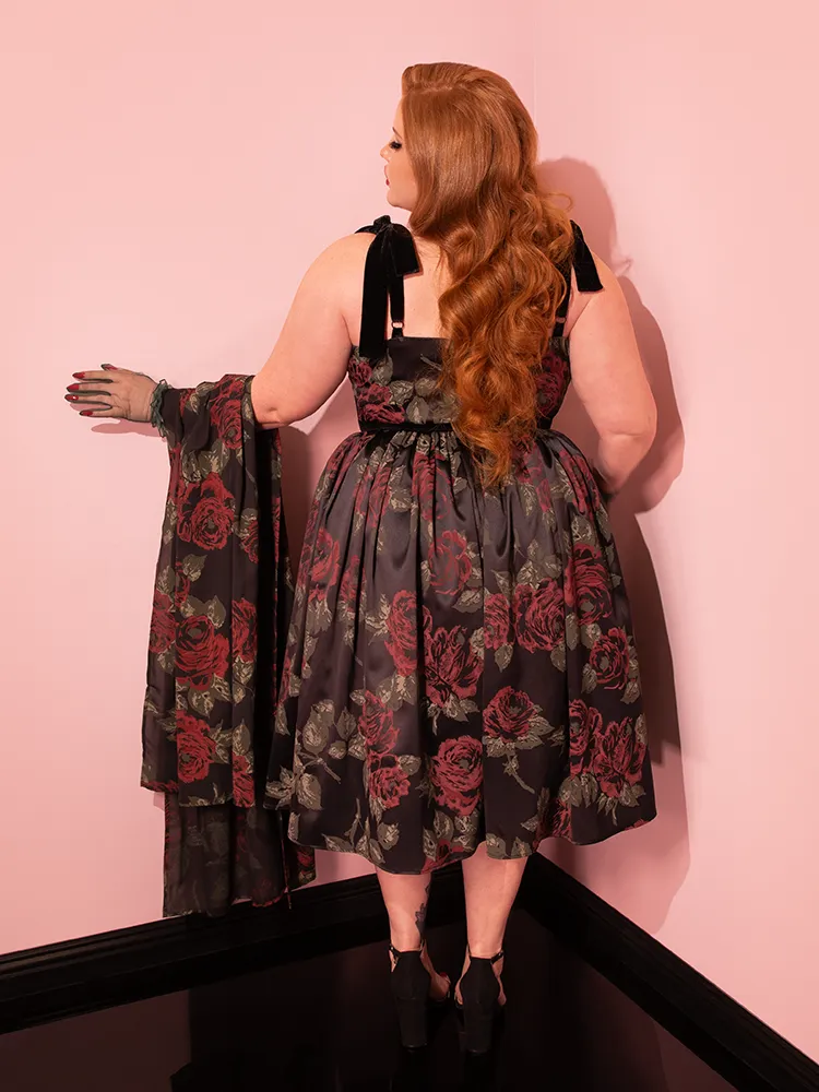 1950s Satin Swing Sundress and Scarf in Black Vintage Roses - Vixen by Micheline Pitt