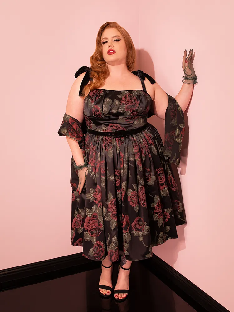 1950s Satin Swing Sundress and Scarf in Black Vintage Roses - Vixen by Micheline Pitt