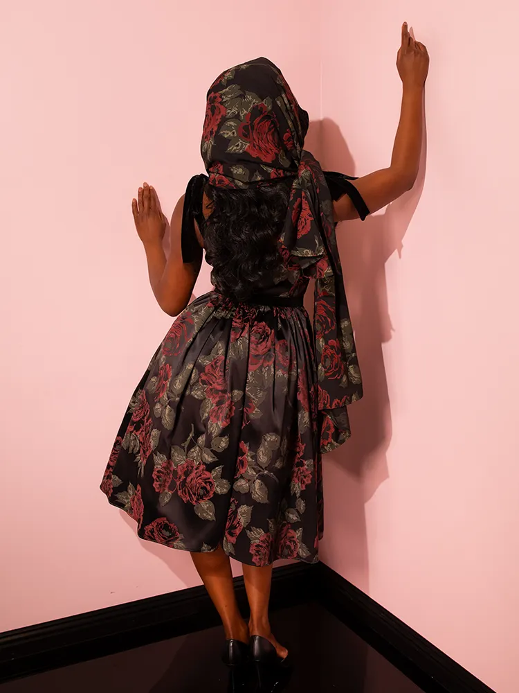 1950s Satin Swing Sundress and Scarf in Black Vintage Roses - Vixen by Micheline Pitt