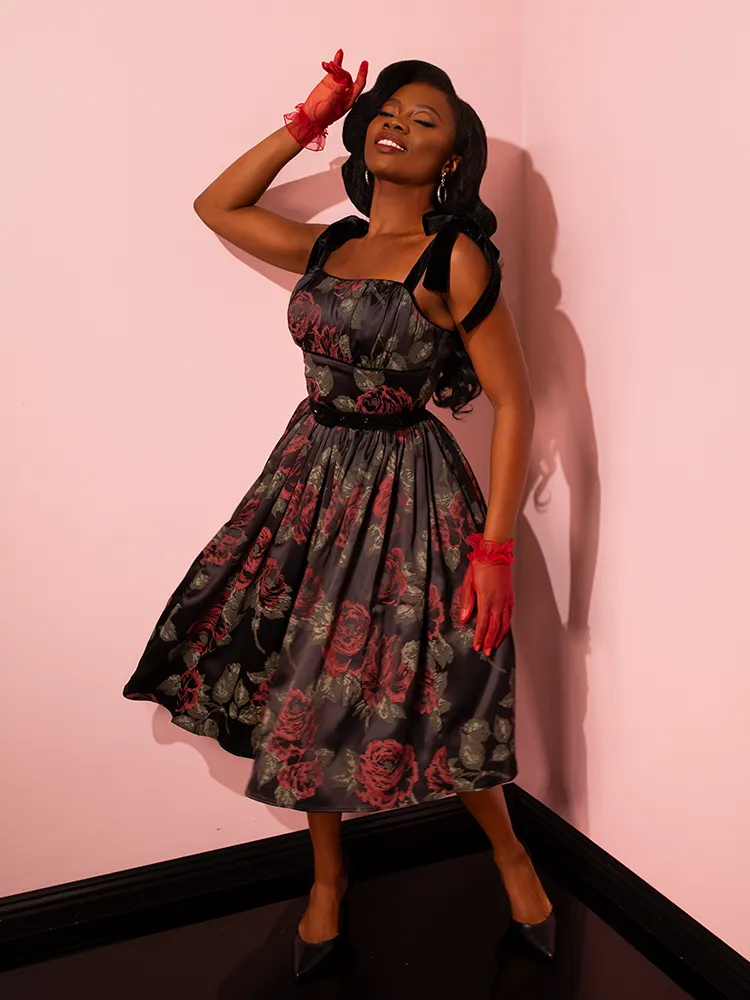1950s Satin Swing Sundress and Scarf in Black Vintage Roses - Vixen by Micheline Pitt