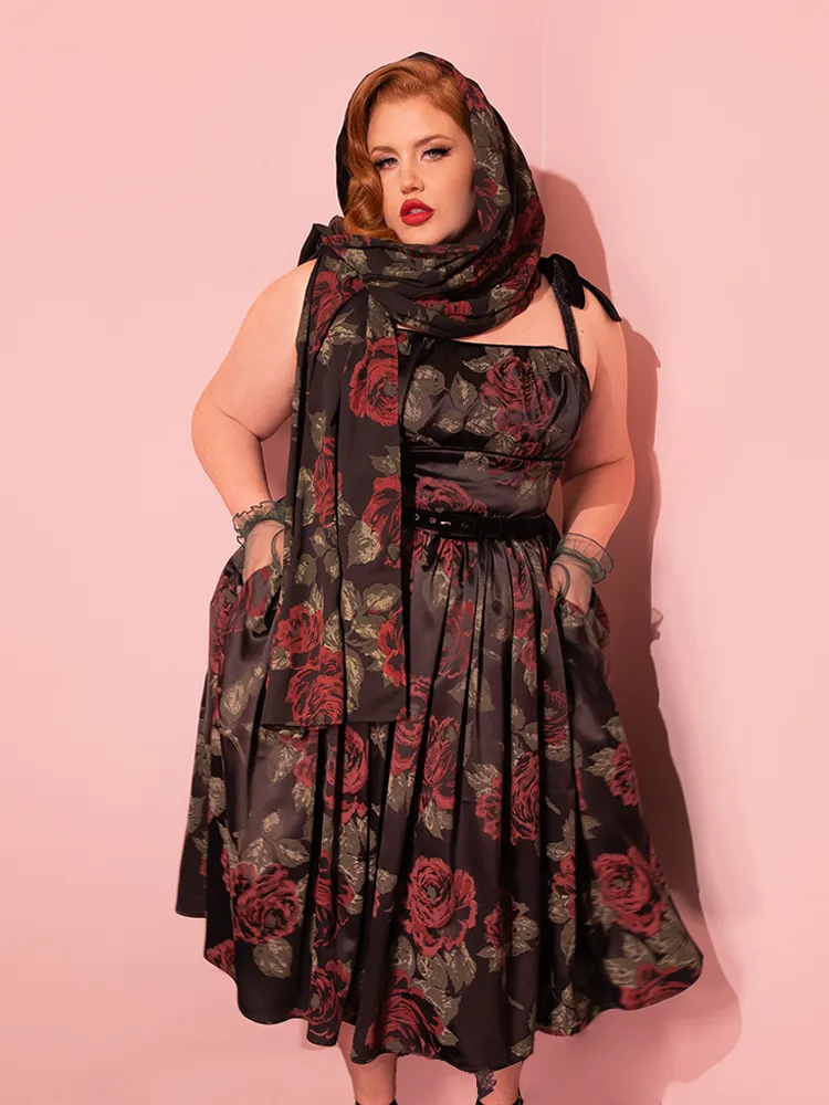 1950s Satin Swing Sundress and Scarf in Black Vintage Roses - Vixen by Micheline Pitt