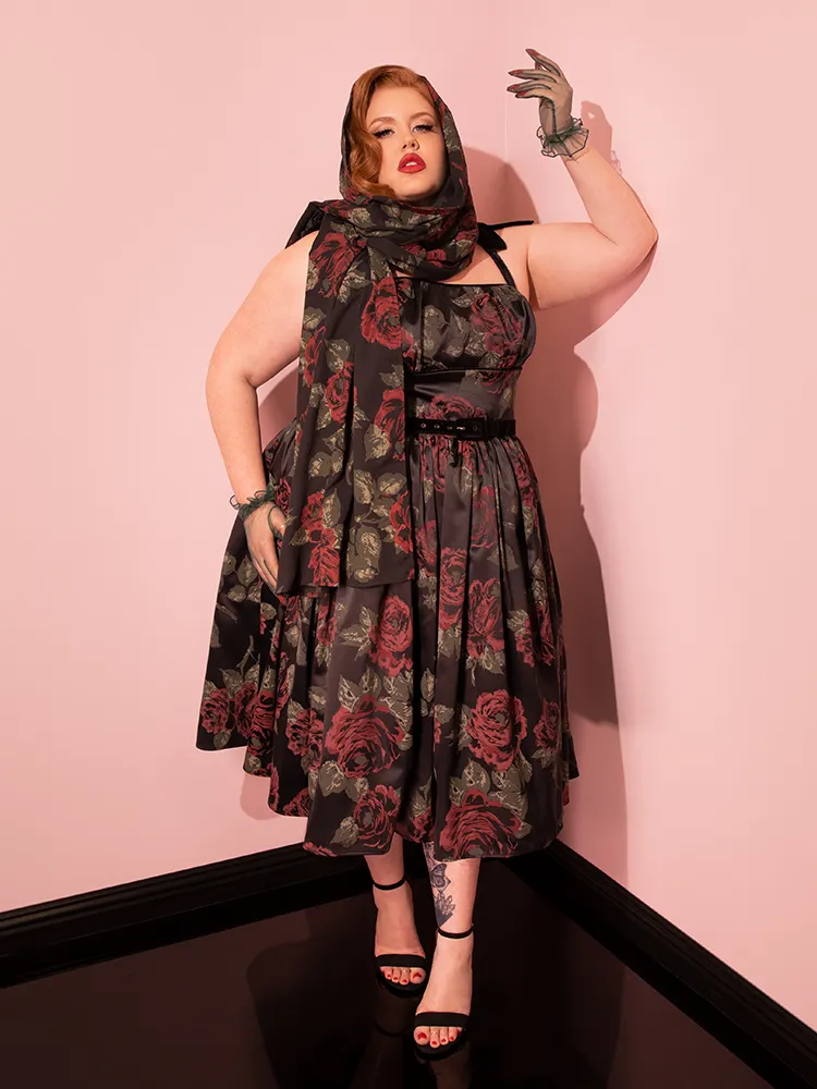 1950s Satin Swing Sundress and Scarf in Black Vintage Roses - Vixen by Micheline Pitt