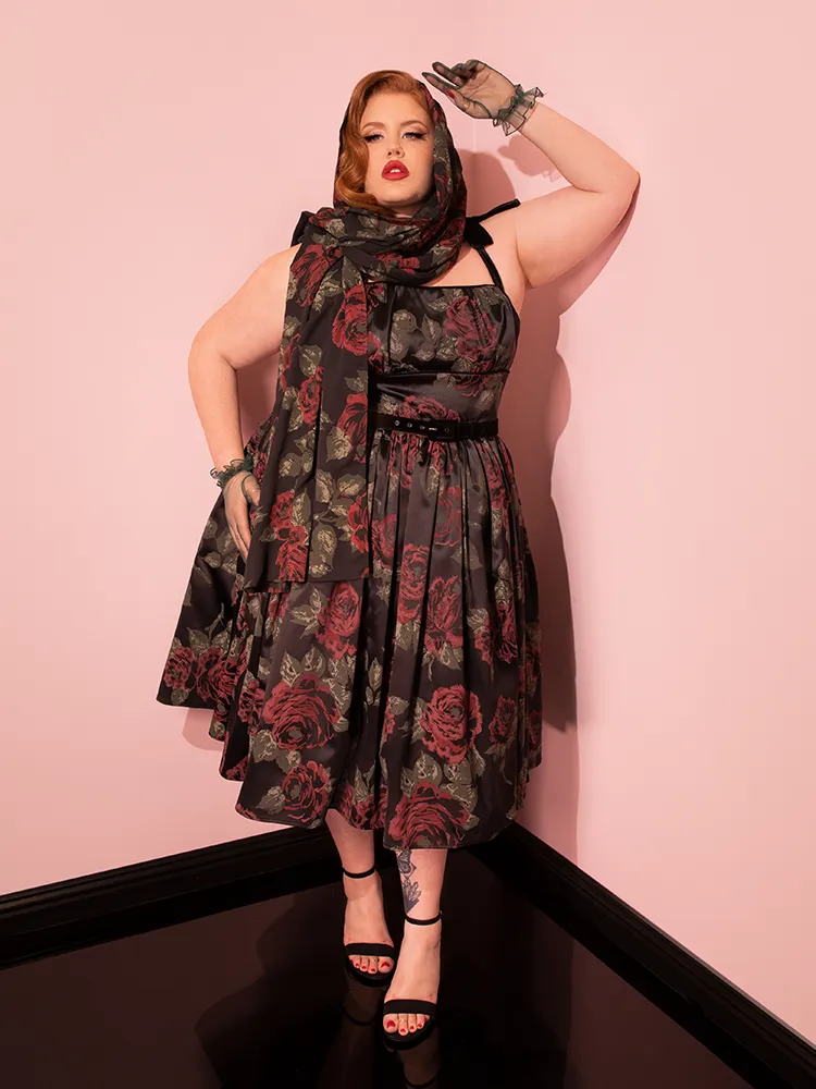 1950s Satin Swing Sundress and Scarf in Black Vintage Roses - Vixen by Micheline Pitt