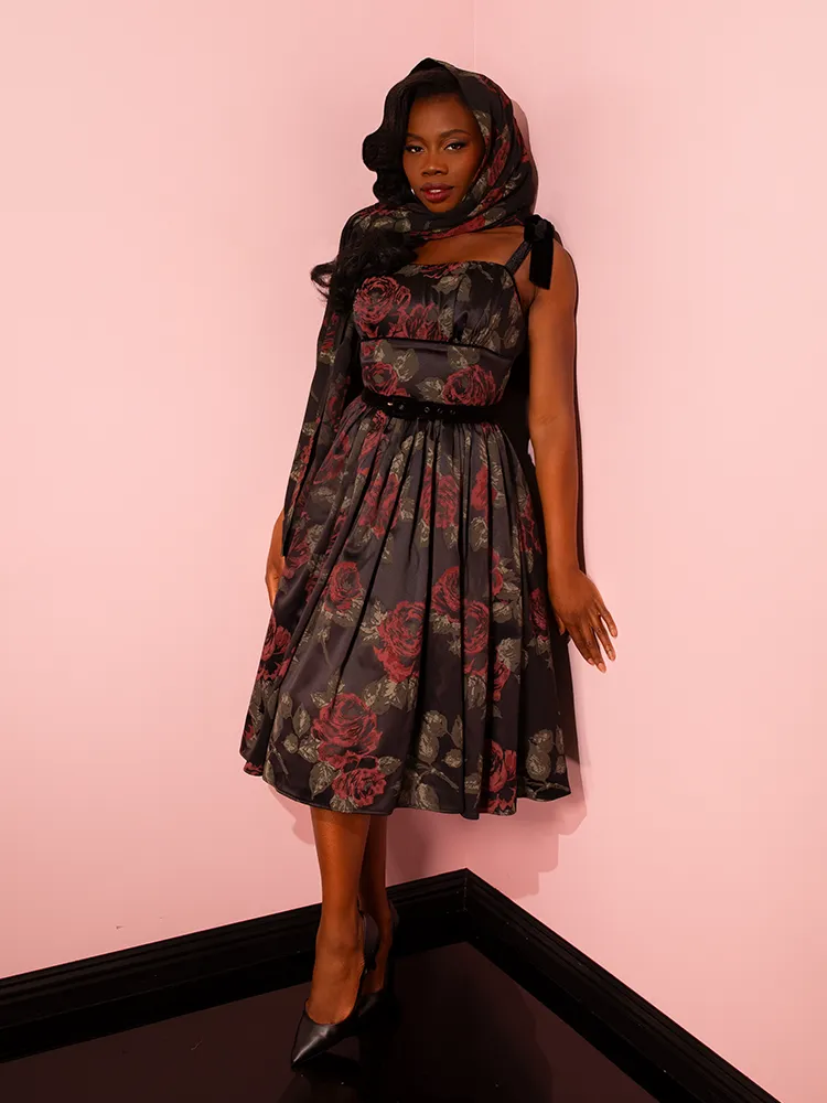 1950s Satin Swing Sundress and Scarf in Black Vintage Roses - Vixen by Micheline Pitt