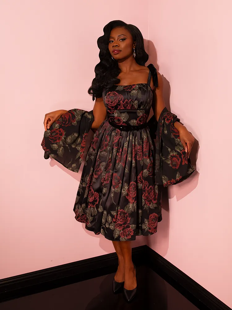 1950s Satin Swing Sundress and Scarf in Black Vintage Roses - Vixen by Micheline Pitt