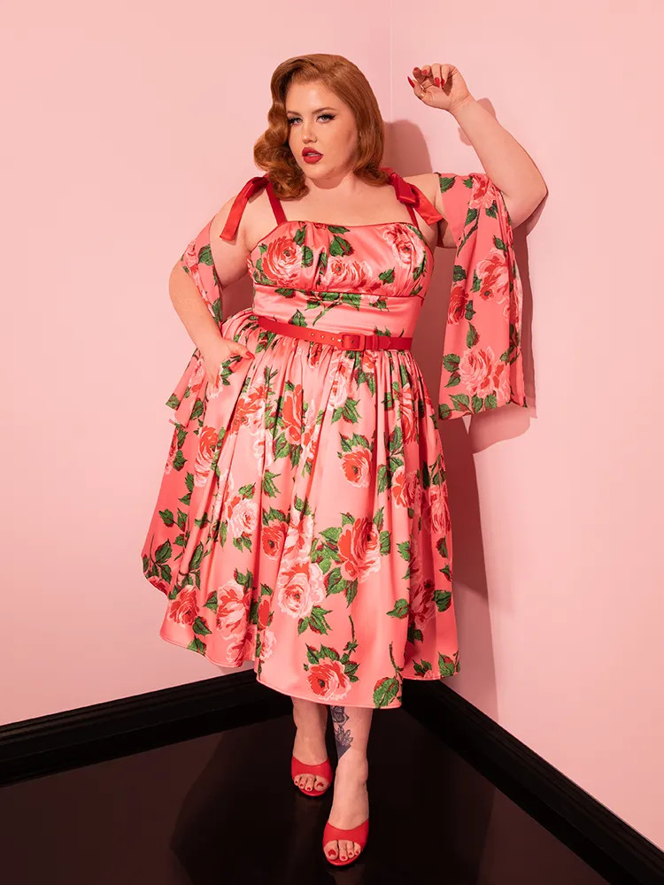 1950s Satin Swing Sundress and Scarf in Pink Vintage Roses - Vixen by Micheline Pitt