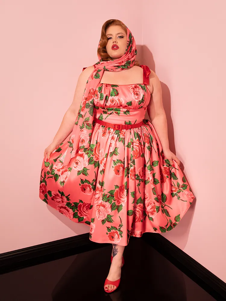 1950s Satin Swing Sundress and Scarf in Pink Vintage Roses - Vixen by Micheline Pitt