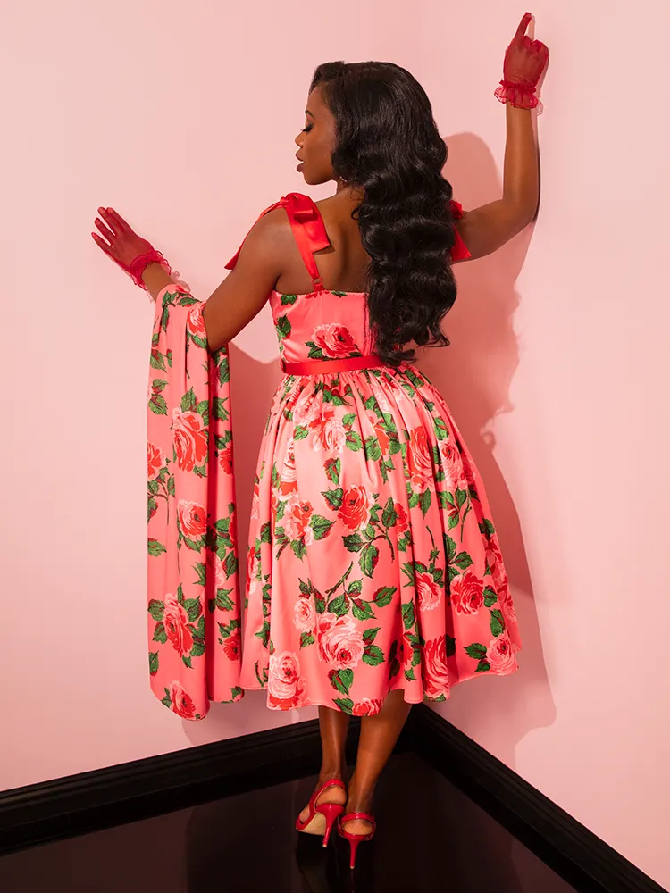 1950s Satin Swing Sundress and Scarf in Pink Vintage Roses - Vixen by Micheline Pitt