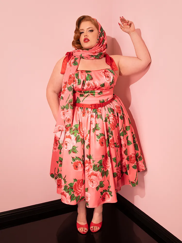 1950s Satin Swing Sundress and Scarf in Pink Vintage Roses - Vixen by Micheline Pitt