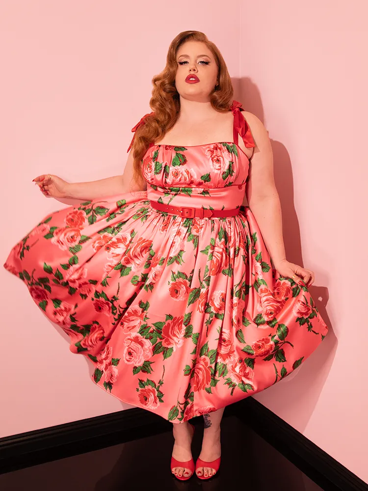 1950s Satin Swing Sundress and Scarf in Pink Vintage Roses - Vixen by Micheline Pitt