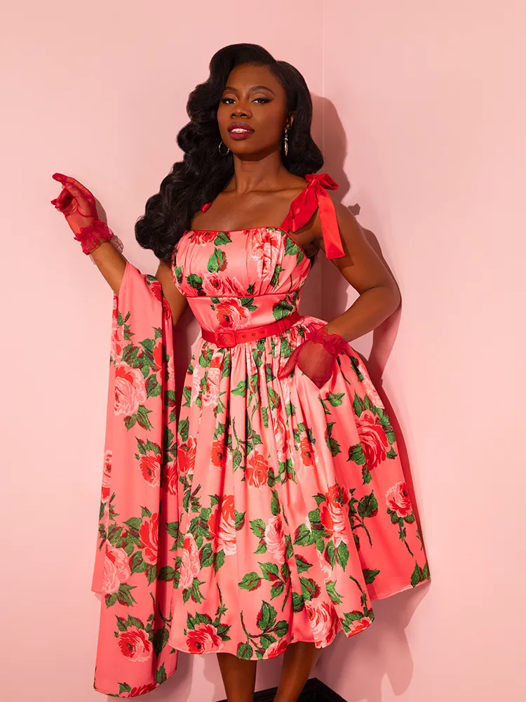 1950s Satin Swing Sundress and Scarf in Pink Vintage Roses - Vixen by Micheline Pitt