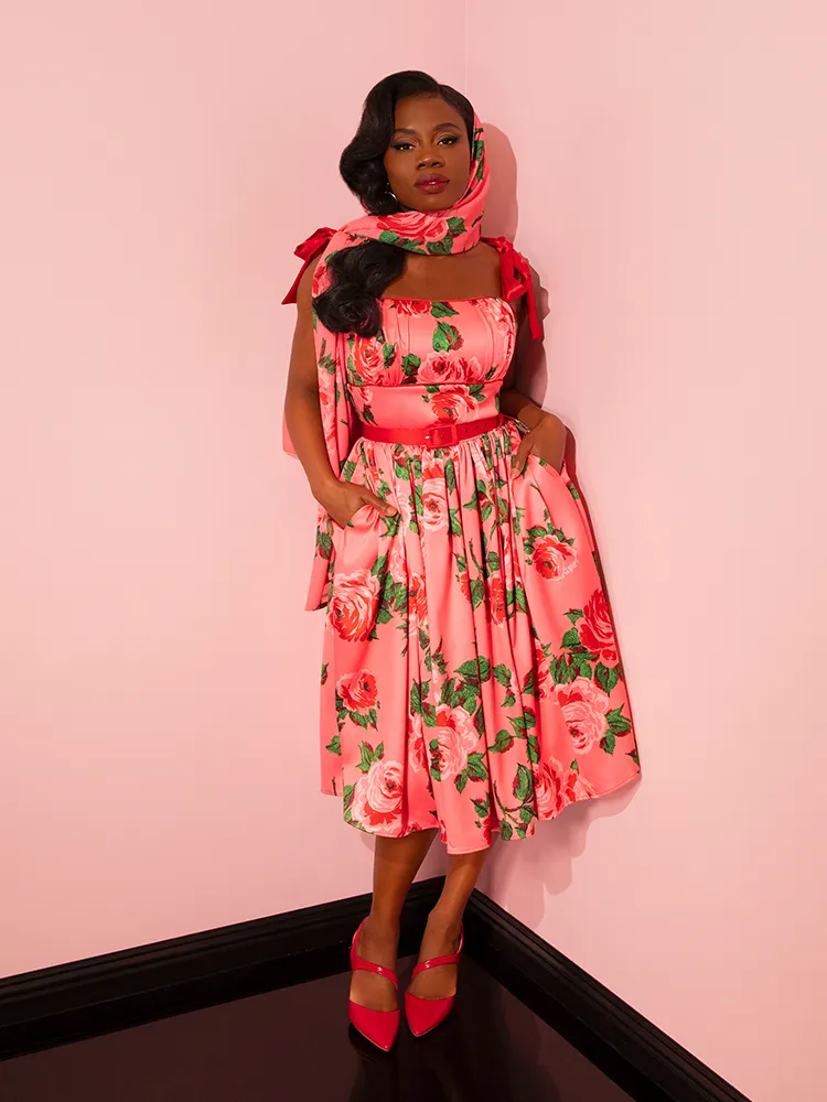 1950s Satin Swing Sundress and Scarf in Pink Vintage Roses - Vixen by Micheline Pitt