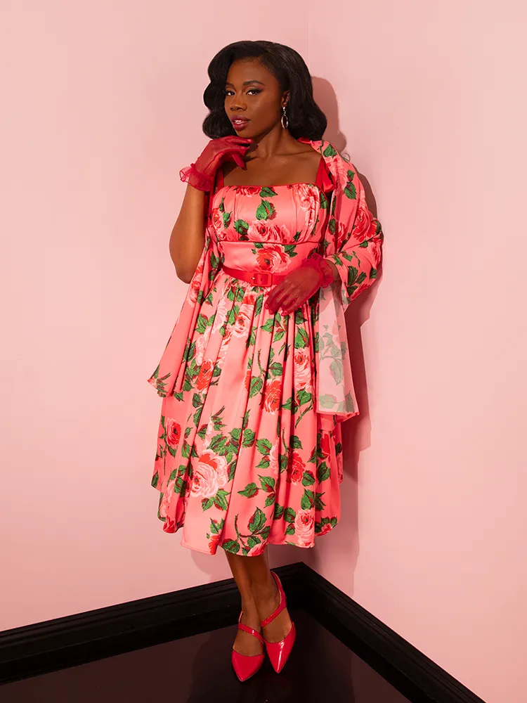 1950s Satin Swing Sundress and Scarf in Pink Vintage Roses - Vixen by Micheline Pitt