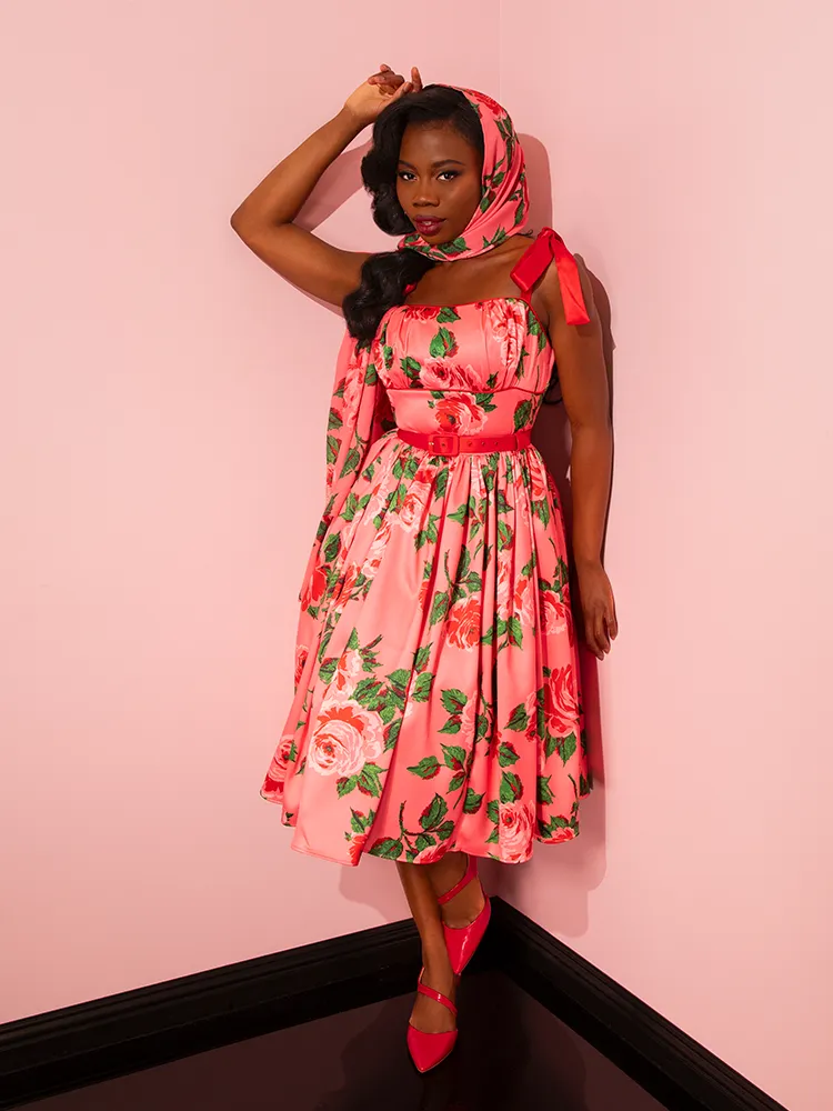 1950s Satin Swing Sundress and Scarf in Pink Vintage Roses - Vixen by Micheline Pitt