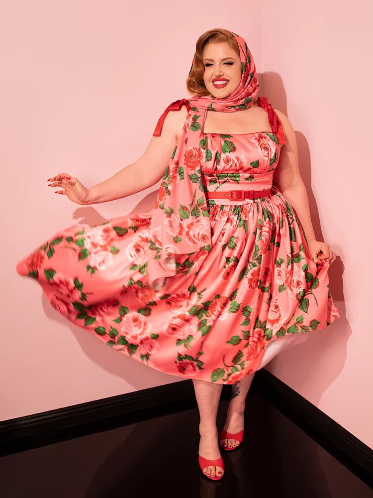 1950s Satin Swing Sundress and Scarf in Pink Vintage Roses - Vixen by Micheline Pitt