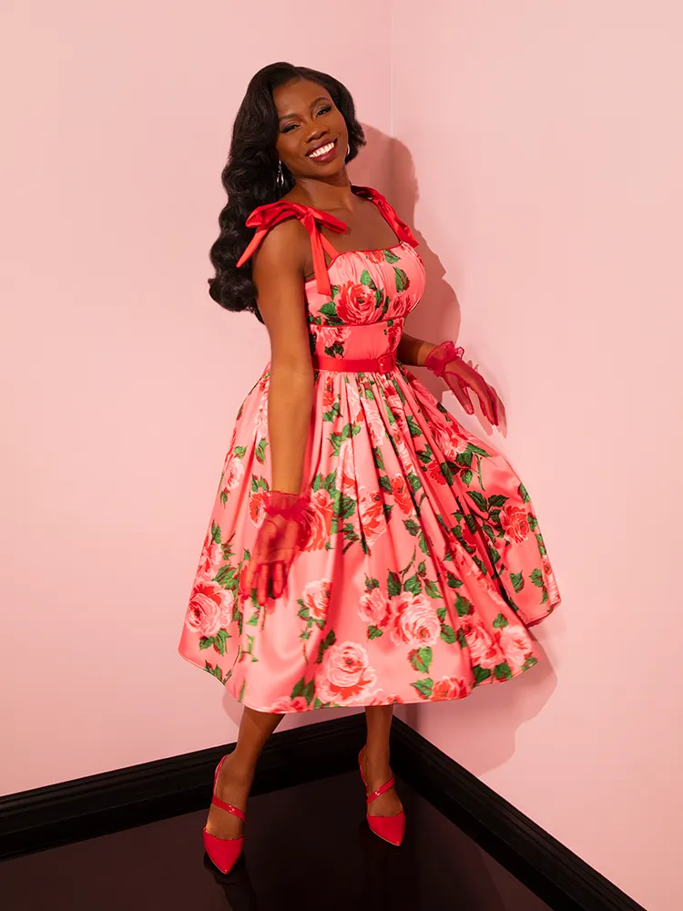 1950s Satin Swing Sundress and Scarf in Pink Vintage Roses - Vixen by Micheline Pitt