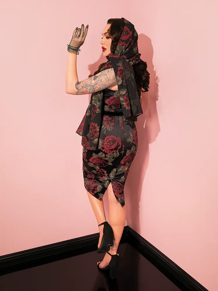 1950s Satin Wiggle Sundress and Scarf in Black Vintage Roses - Vixen by Micheline Pitt