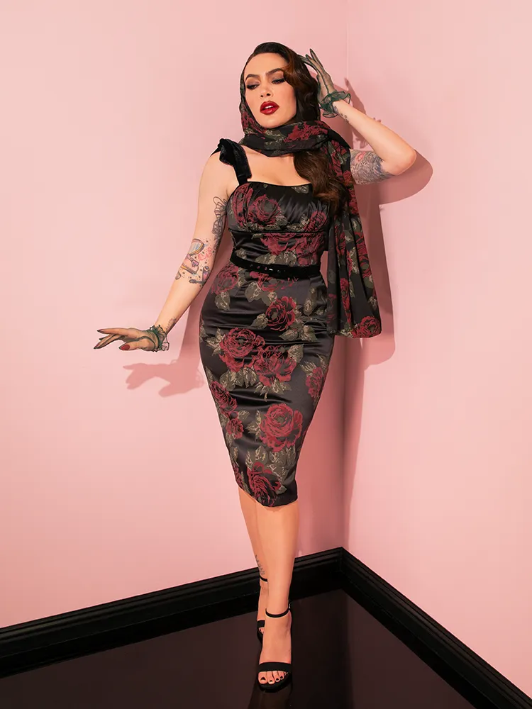 1950s Satin Wiggle Sundress and Scarf in Black Vintage Roses - Vixen by Micheline Pitt