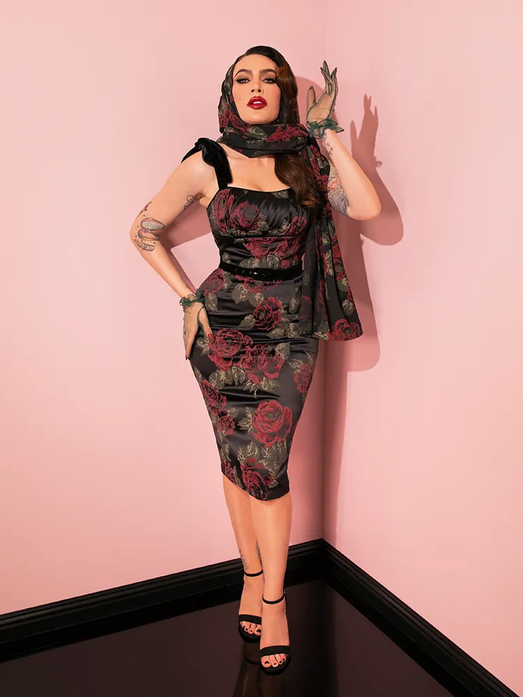 1950s Satin Wiggle Sundress and Scarf in Black Vintage Roses - Vixen by Micheline Pitt