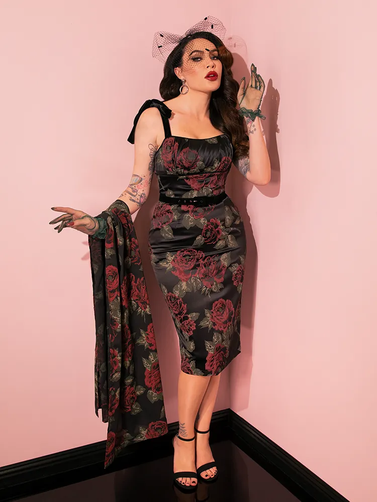 1950s Satin Wiggle Sundress and Scarf in Black Vintage Roses - Vixen by Micheline Pitt