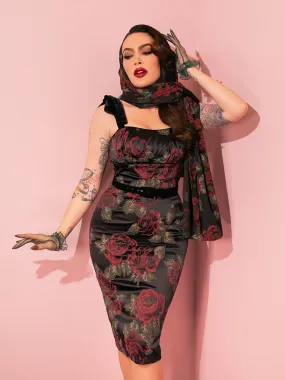 1950s Satin Wiggle Sundress and Scarf in Black Vintage Roses - Vixen by Micheline Pitt