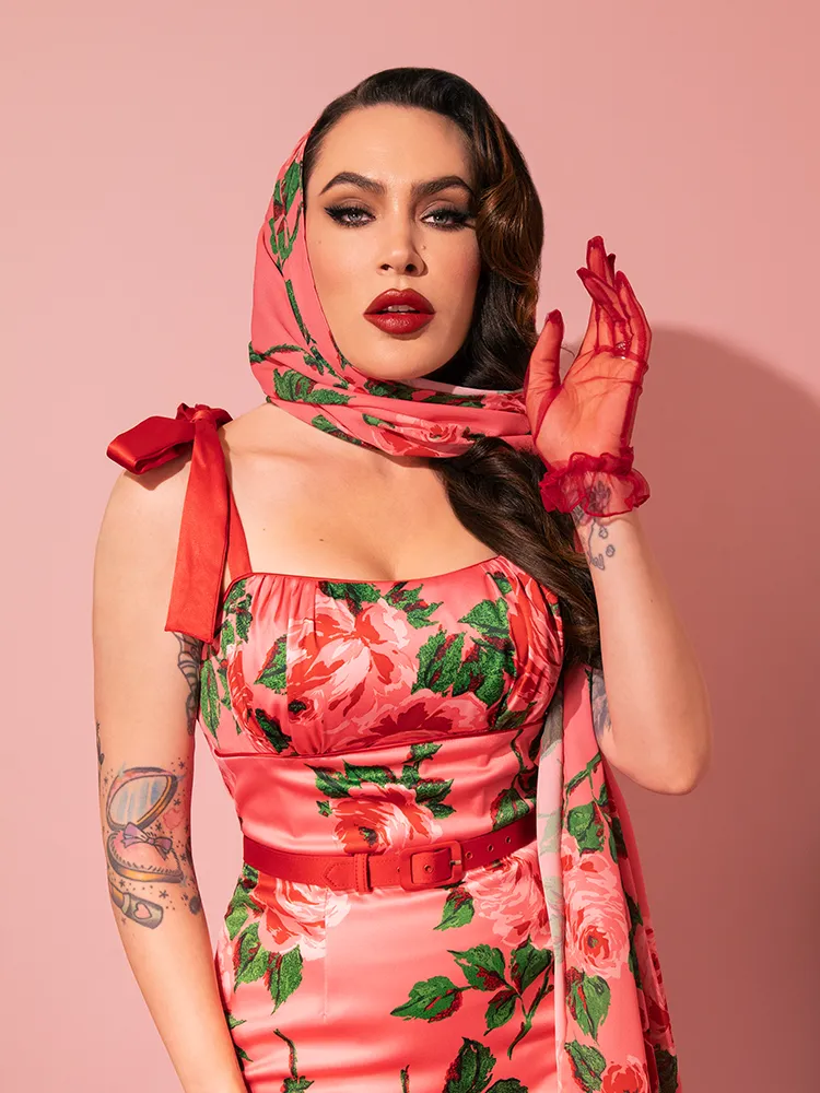1950s Satin Wiggle Sundress and Scarf in Pink Vintage Roses - Vixen by Micheline Pitt