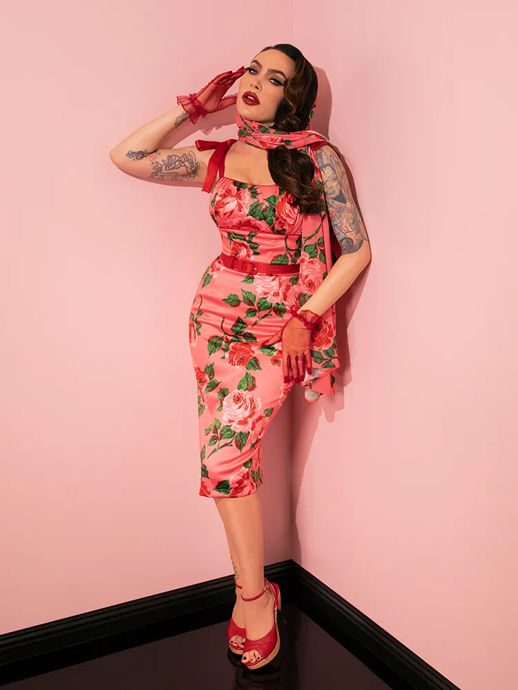 1950s Satin Wiggle Sundress and Scarf in Pink Vintage Roses - Vixen by Micheline Pitt