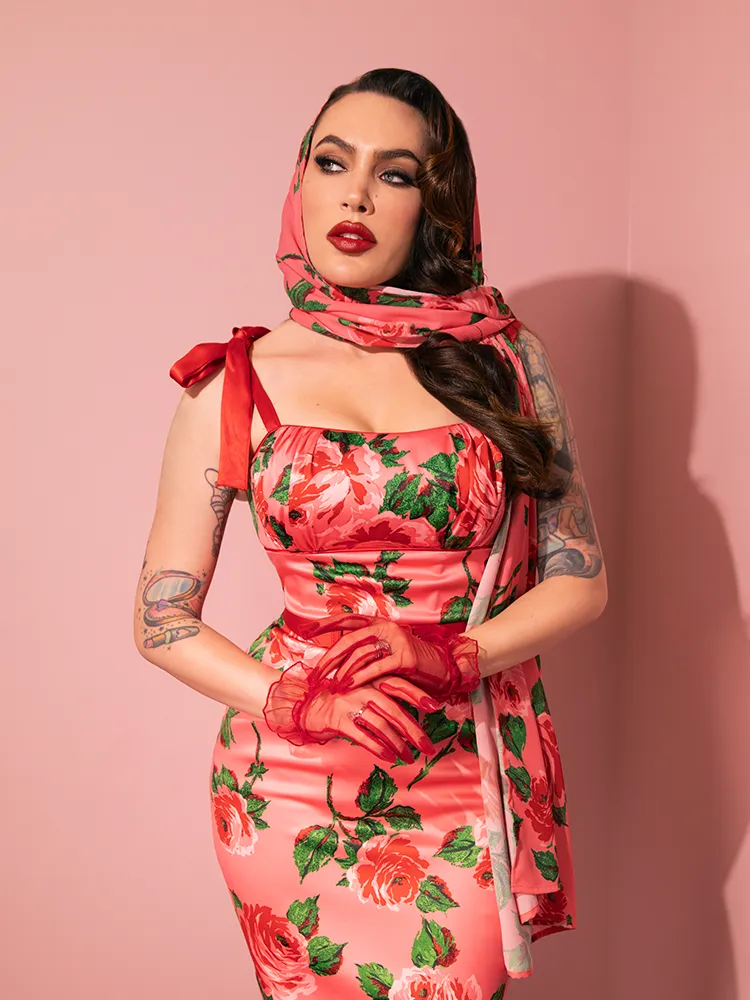 1950s Satin Wiggle Sundress and Scarf in Pink Vintage Roses - Vixen by Micheline Pitt