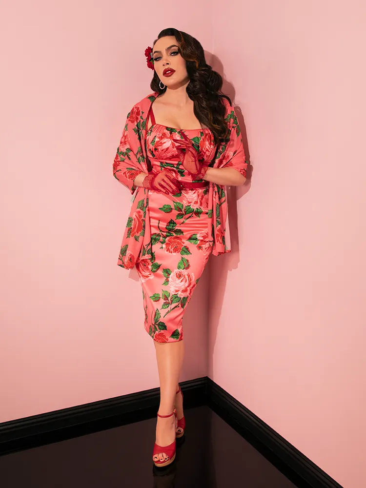 1950s Satin Wiggle Sundress and Scarf in Pink Vintage Roses - Vixen by Micheline Pitt