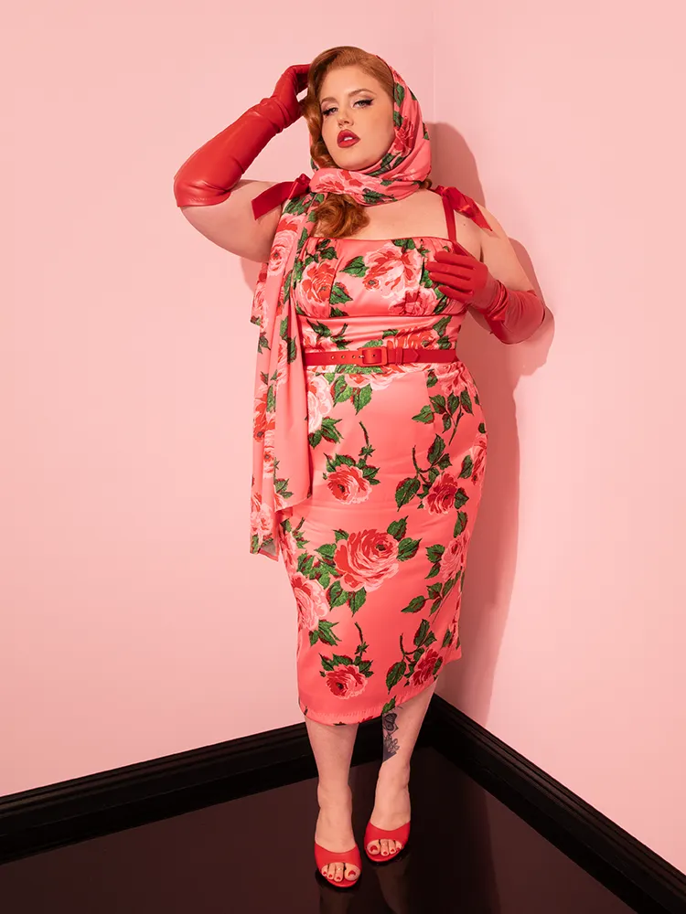1950s Satin Wiggle Sundress and Scarf in Pink Vintage Roses - Vixen by Micheline Pitt
