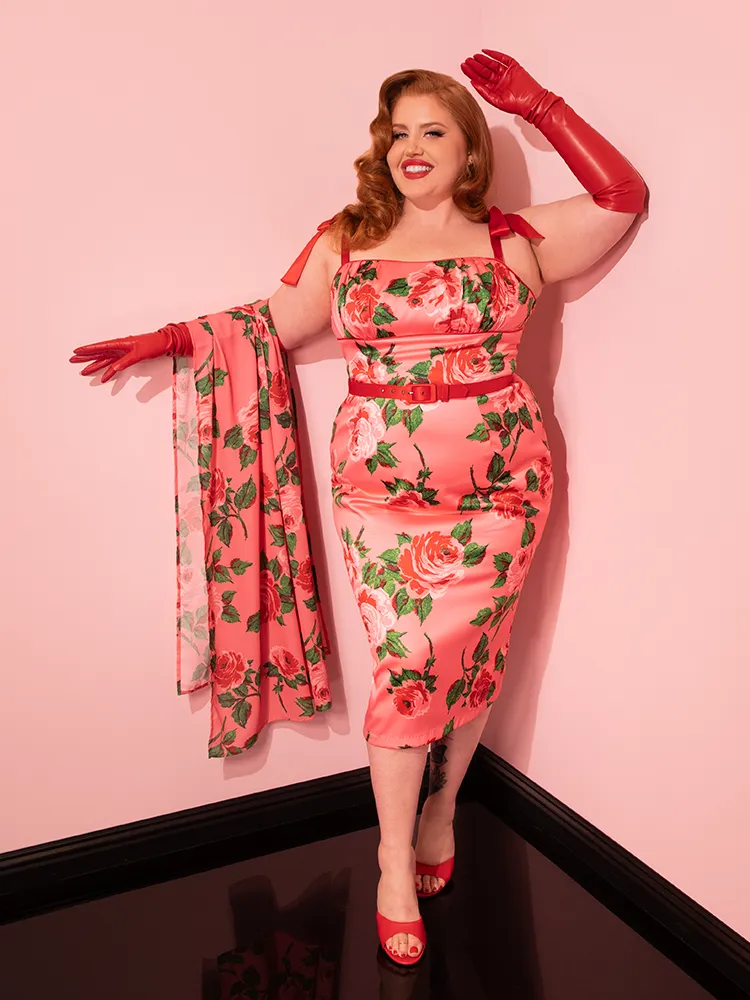1950s Satin Wiggle Sundress and Scarf in Pink Vintage Roses - Vixen by Micheline Pitt