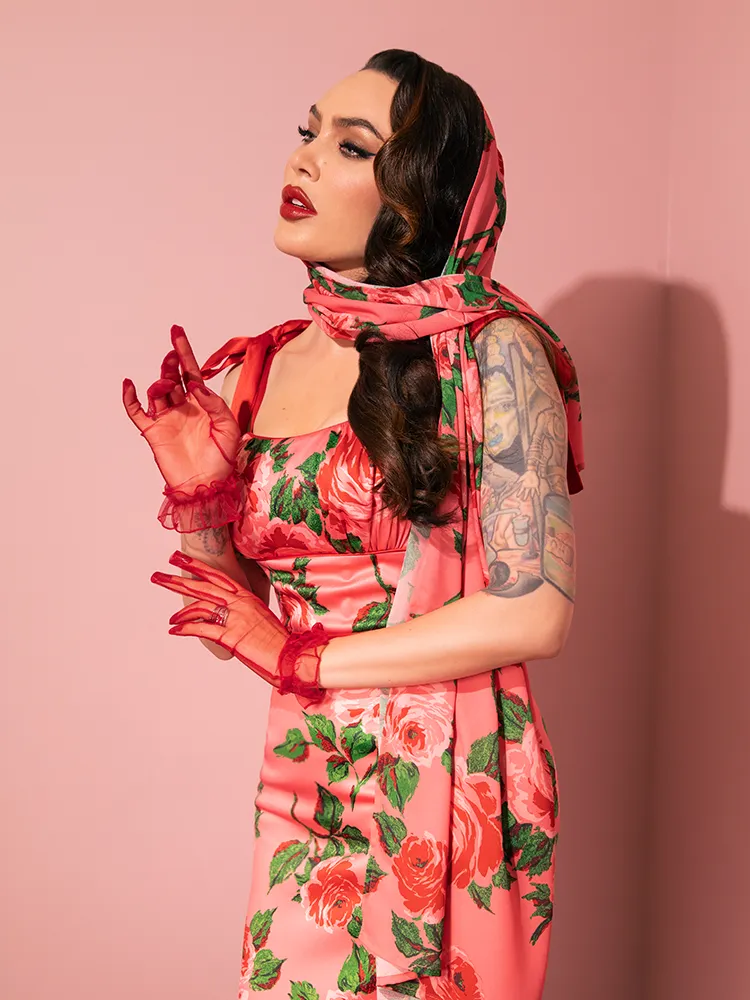 1950s Satin Wiggle Sundress and Scarf in Pink Vintage Roses - Vixen by Micheline Pitt