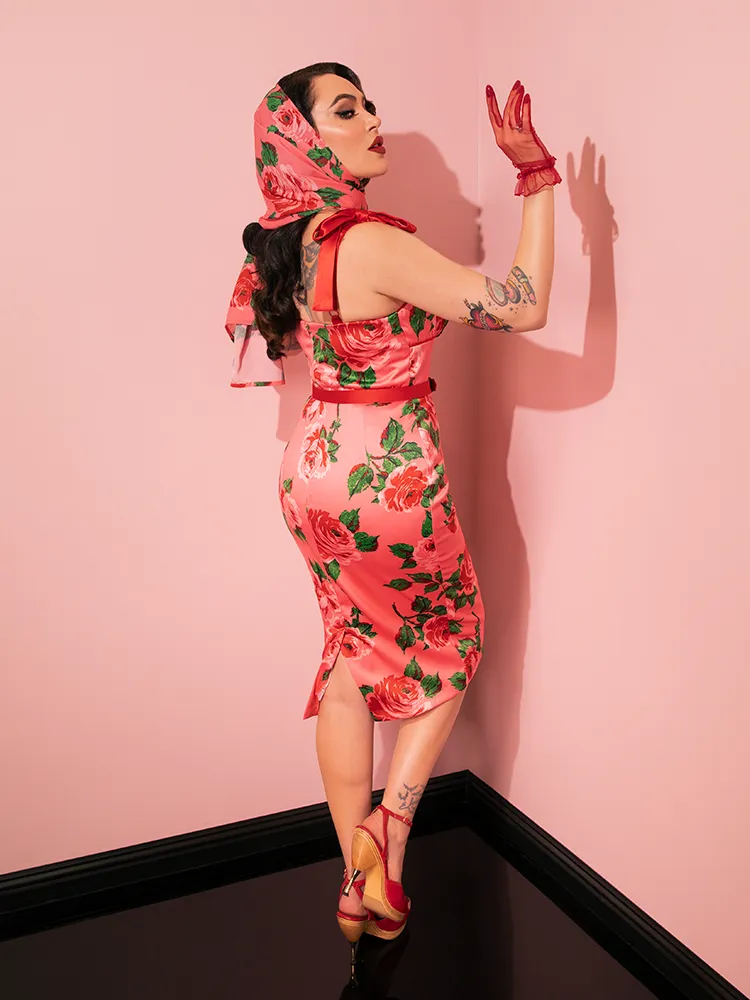1950s Satin Wiggle Sundress and Scarf in Pink Vintage Roses - Vixen by Micheline Pitt