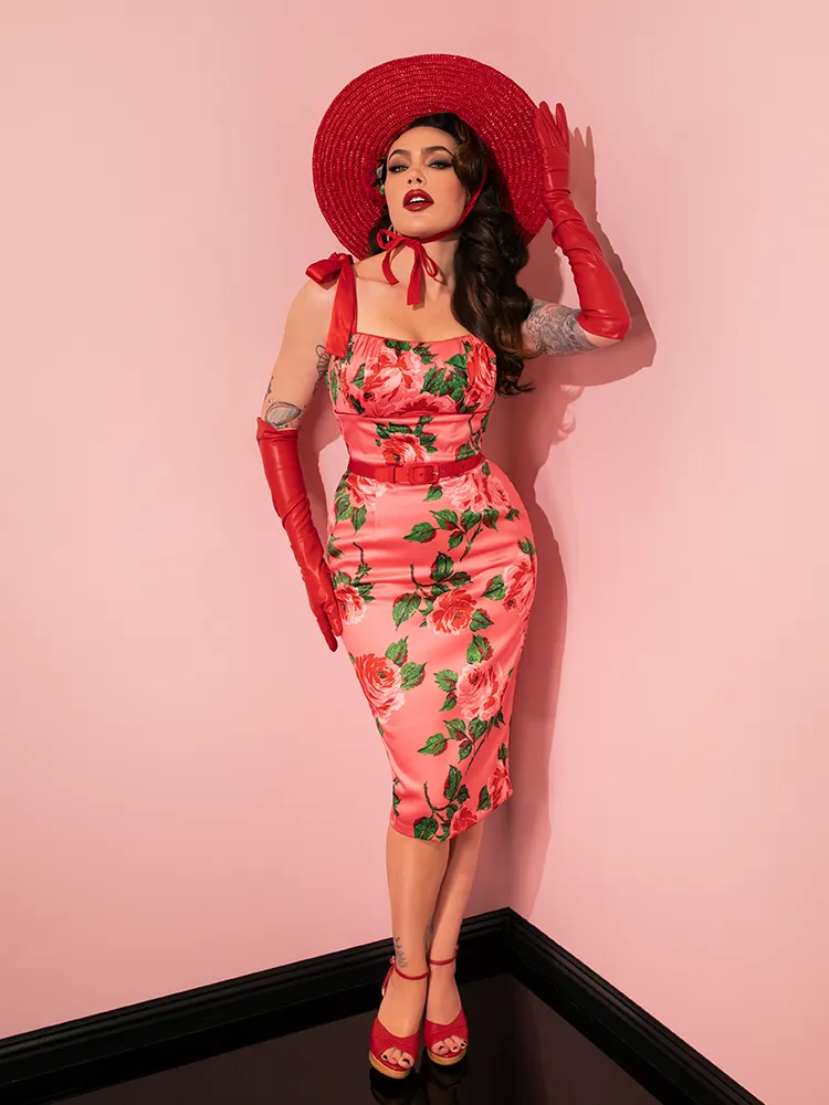 1950s Satin Wiggle Sundress and Scarf in Pink Vintage Roses - Vixen by Micheline Pitt