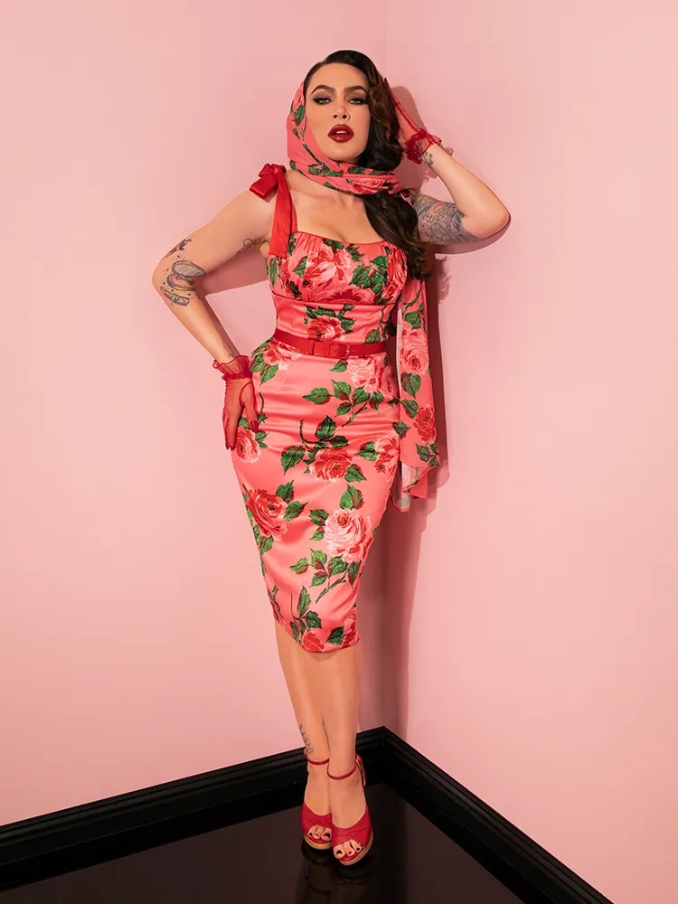 1950s Satin Wiggle Sundress and Scarf in Pink Vintage Roses - Vixen by Micheline Pitt