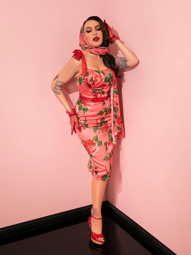 1950s Satin Wiggle Sundress and Scarf in Pink Vintage Roses - Vixen by Micheline Pitt