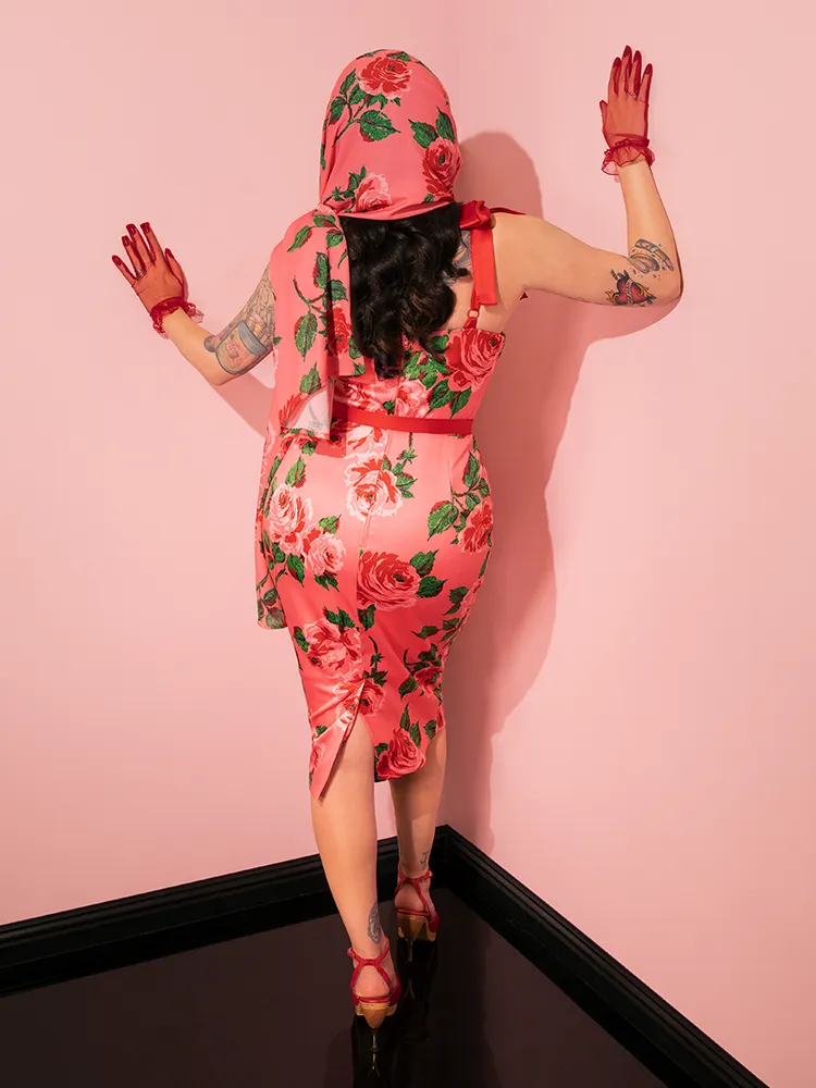 1950s Satin Wiggle Sundress and Scarf in Pink Vintage Roses - Vixen by Micheline Pitt
