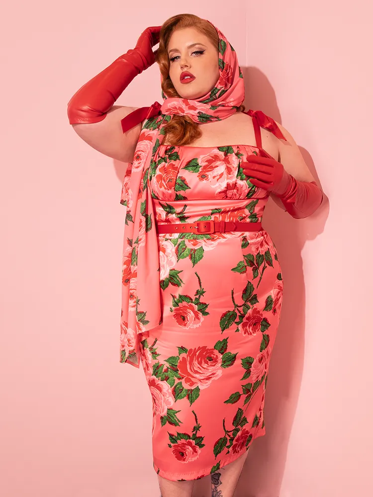 1950s Satin Wiggle Sundress and Scarf in Pink Vintage Roses - Vixen by Micheline Pitt