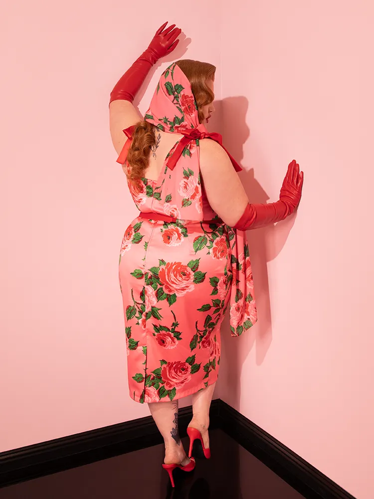 1950s Satin Wiggle Sundress and Scarf in Pink Vintage Roses - Vixen by Micheline Pitt