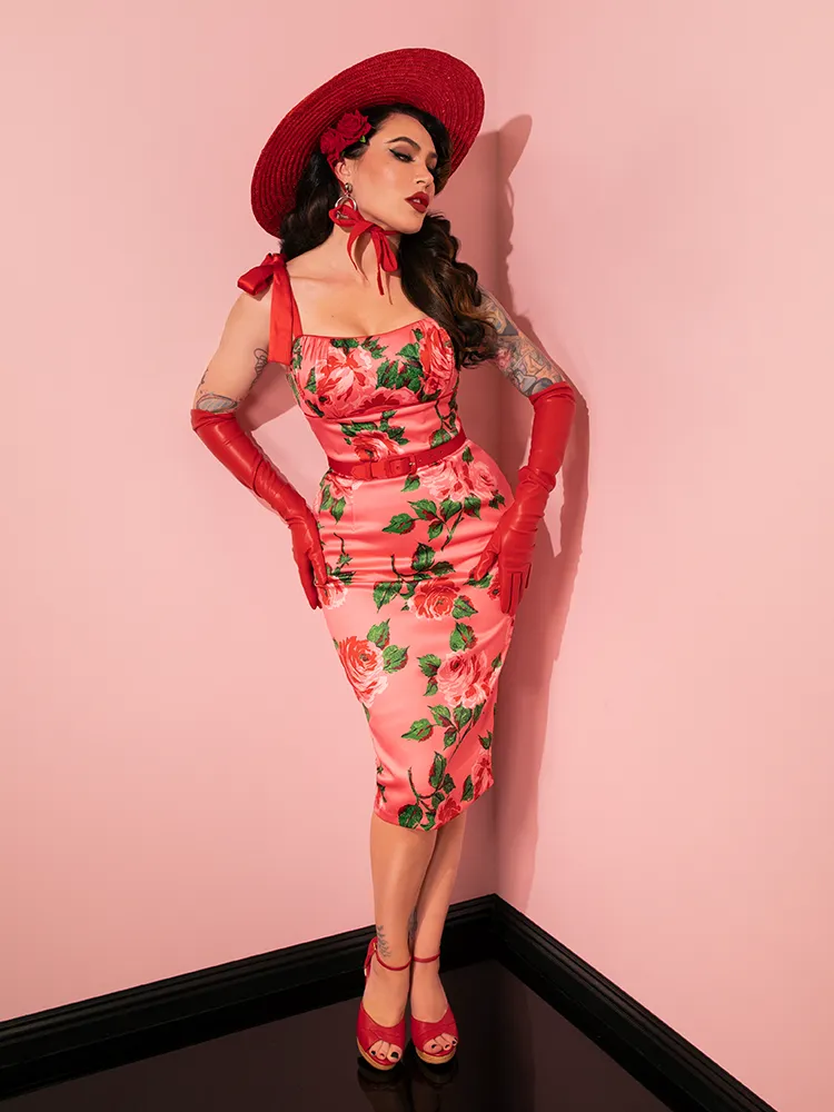 1950s Satin Wiggle Sundress and Scarf in Pink Vintage Roses - Vixen by Micheline Pitt