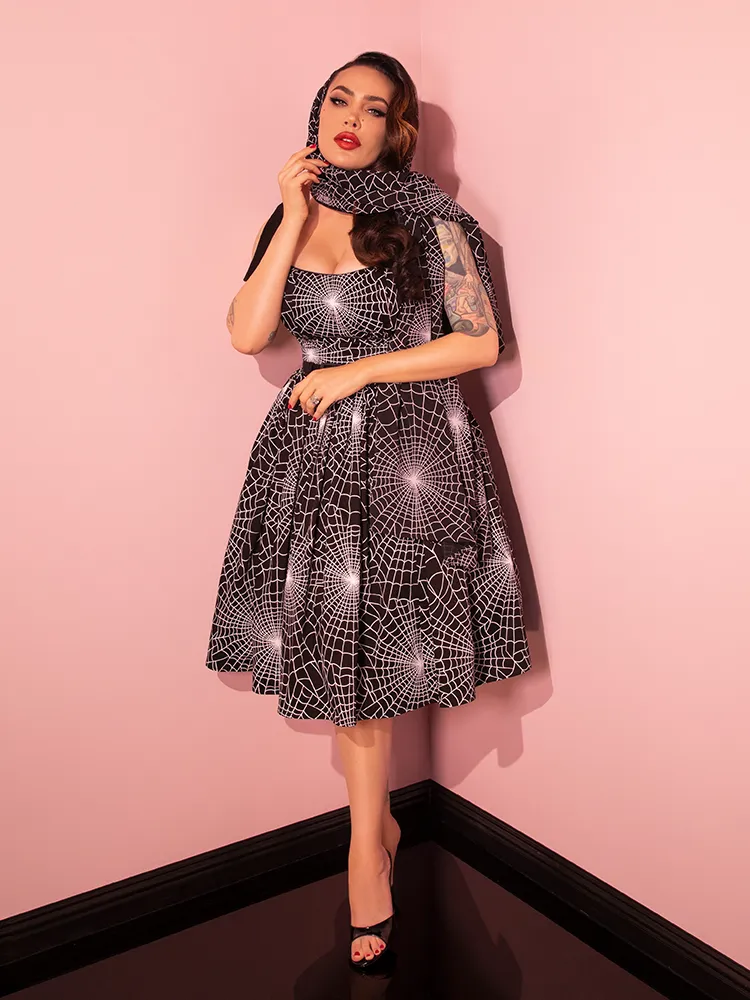 1950s Swing Sundress and Scarf in Black and White Spider Web Print - Vixen by Micheline Pitt