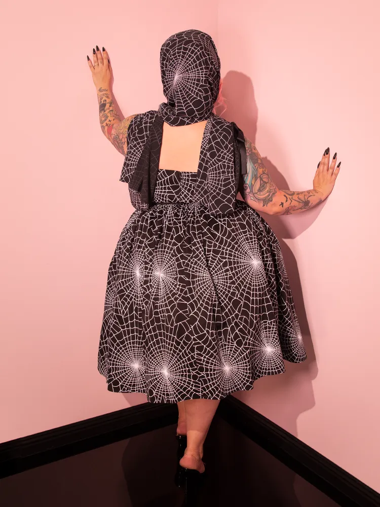 1950s Swing Sundress and Scarf in Black and White Spider Web Print - Vixen by Micheline Pitt